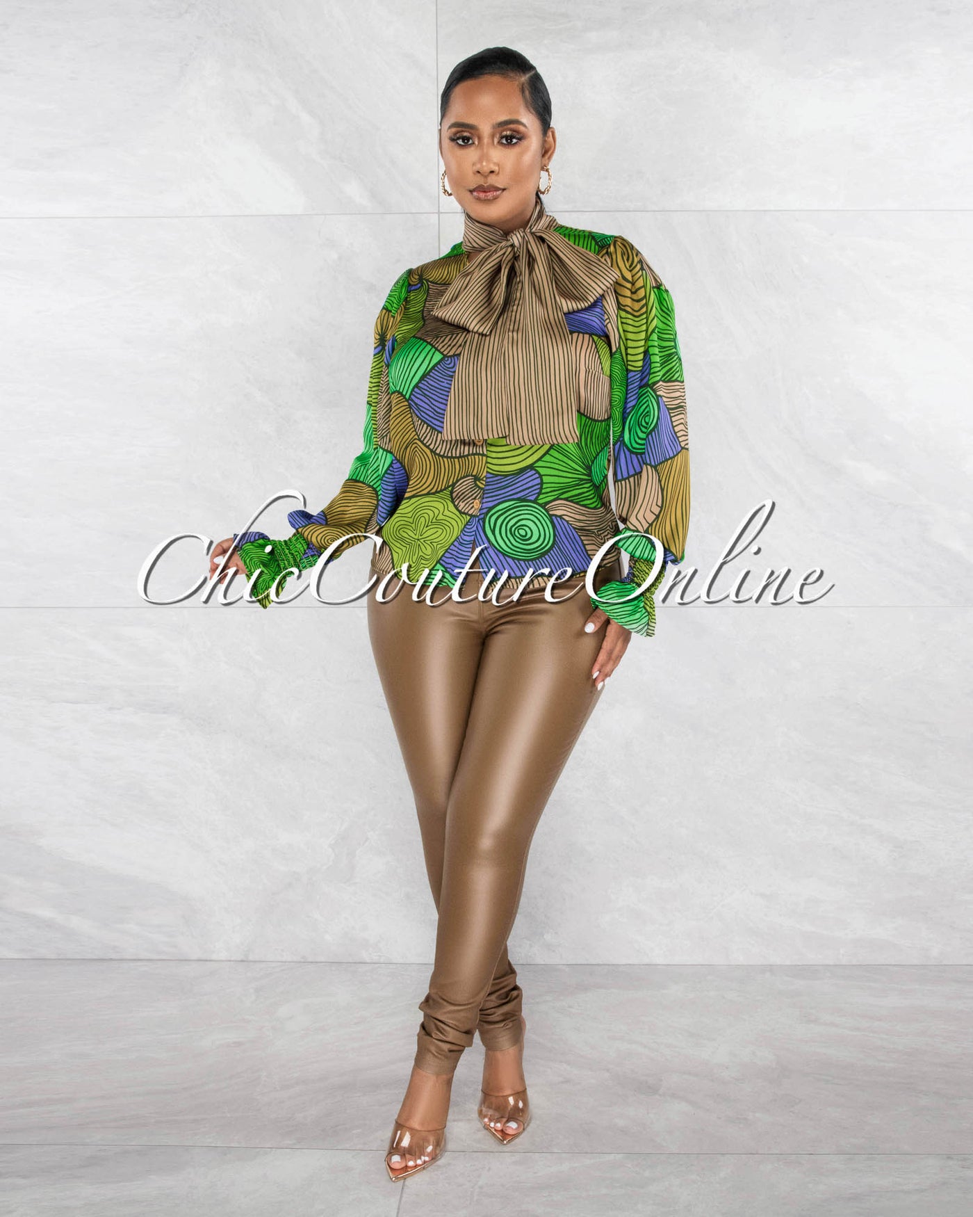 Lorna Green Multi-Color Print Neck Tie Luxe Blouse