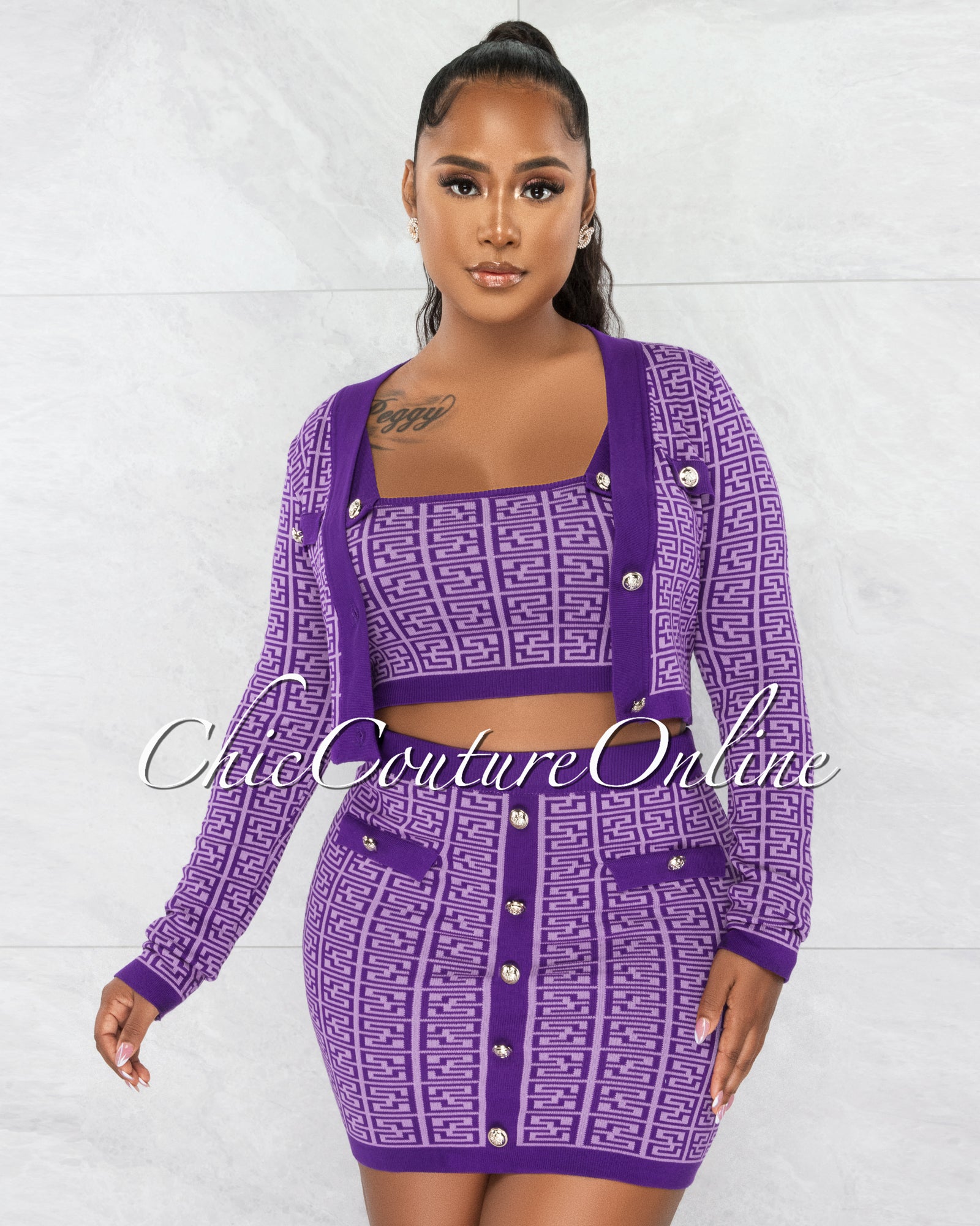 Samah Purple Fret Print Jacket - Crop Top & Skirt 3 Piece Set