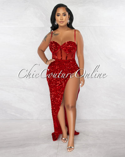Melisia Red Mesh Sequins Velvet Maxi Bodysuit Dress