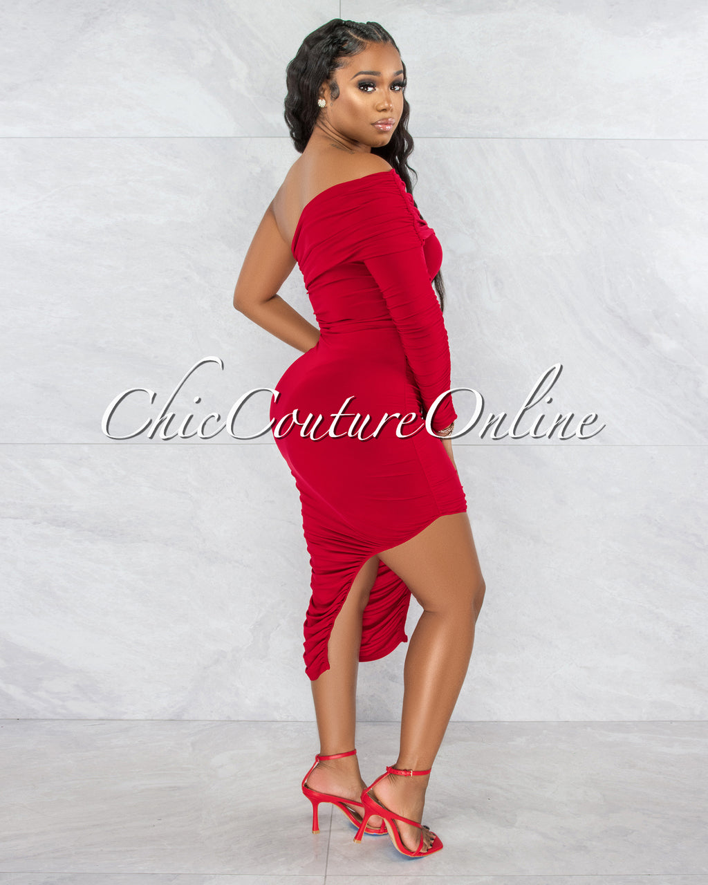 Brendy Red Ruched Single Long Sleeve Dress