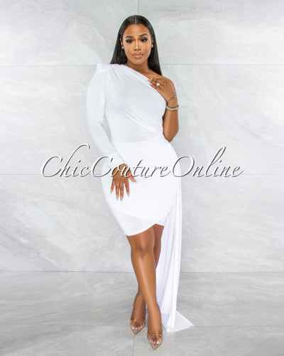 Cameo White Single Sleeve Long Strap Accent Dress