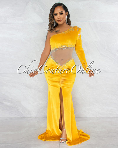 Lardy Yellow Velvet Rhinestones Mesh Ruched Dress