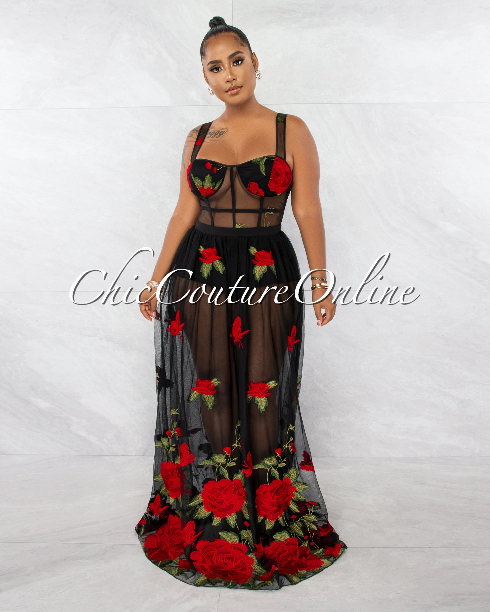 *Peronie Black Red Roses Embroidery Mesh Maxi Dress