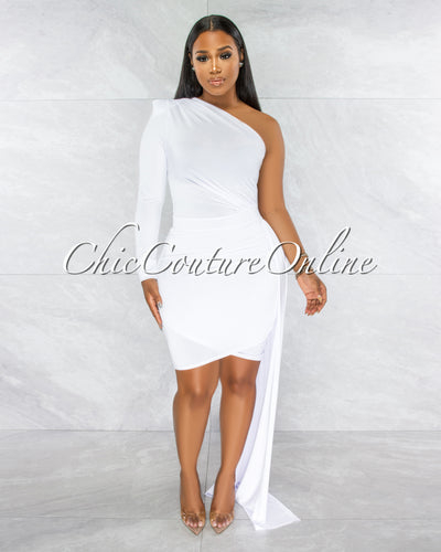 Cameo White Single Sleeve Long Strap Accent Dress