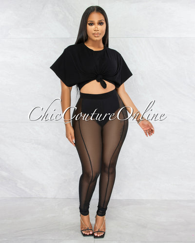 Cherie Black Tie Crop Top & Mesh Leggings Set