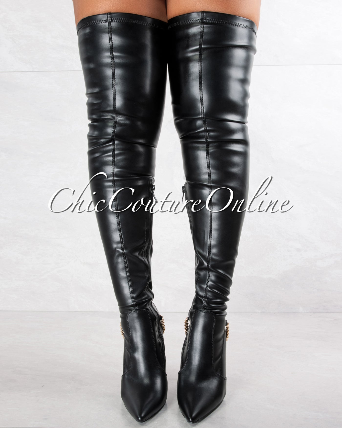 Vikki Black Faux Leather Gold Link High Boots