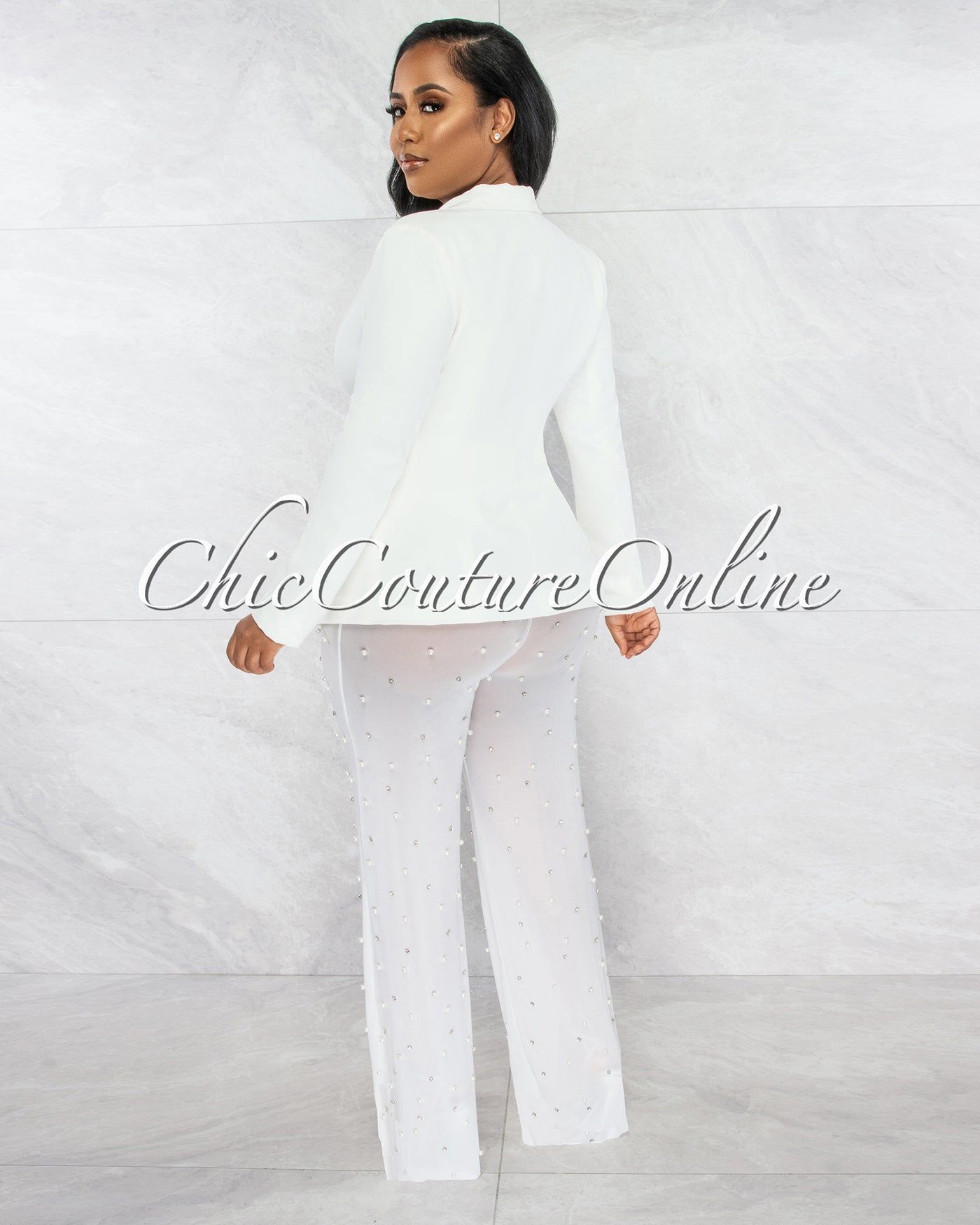Alicia Off-White Blazer & Mesh Pearl Pants Set