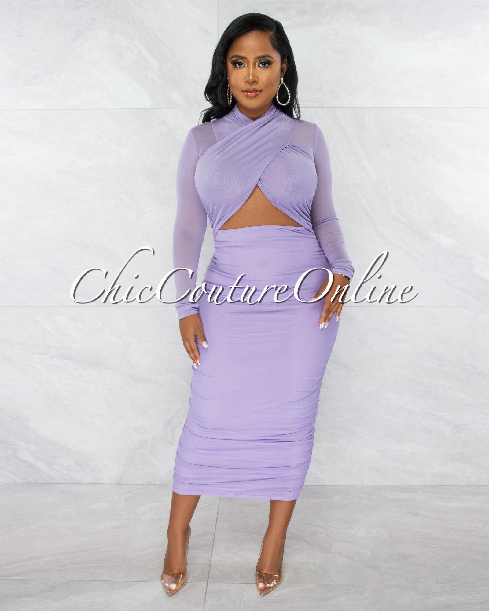 Gerlie Lilac Crossed Bust Mesh Ruched Midi Dress
