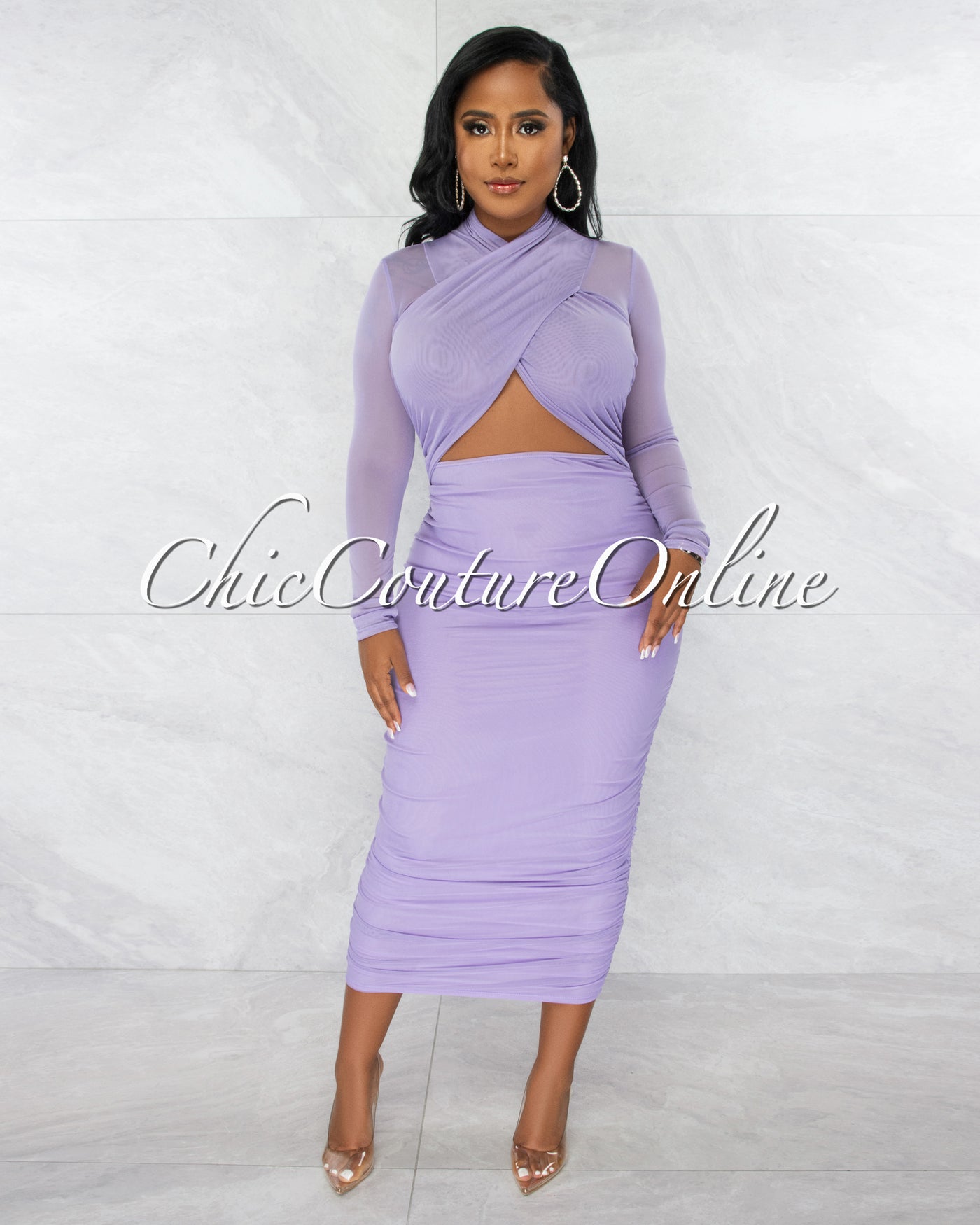 Gerlie Lilac Crossed Bust Mesh Ruched Midi Dress