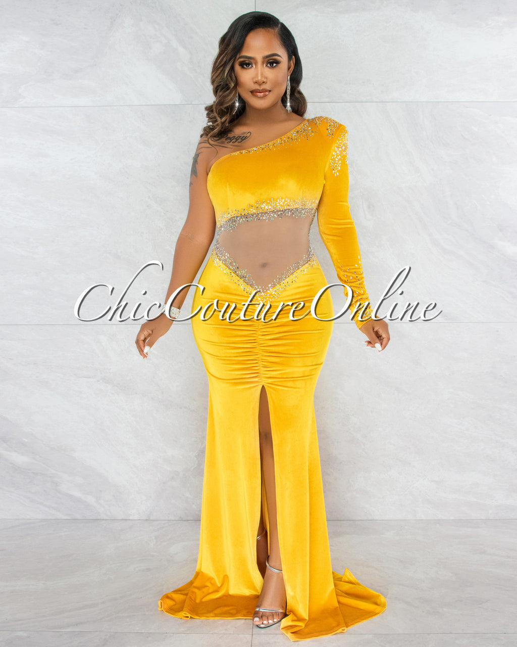 Lardy Yellow Velvet Rhinestones Mesh Ruched Dress