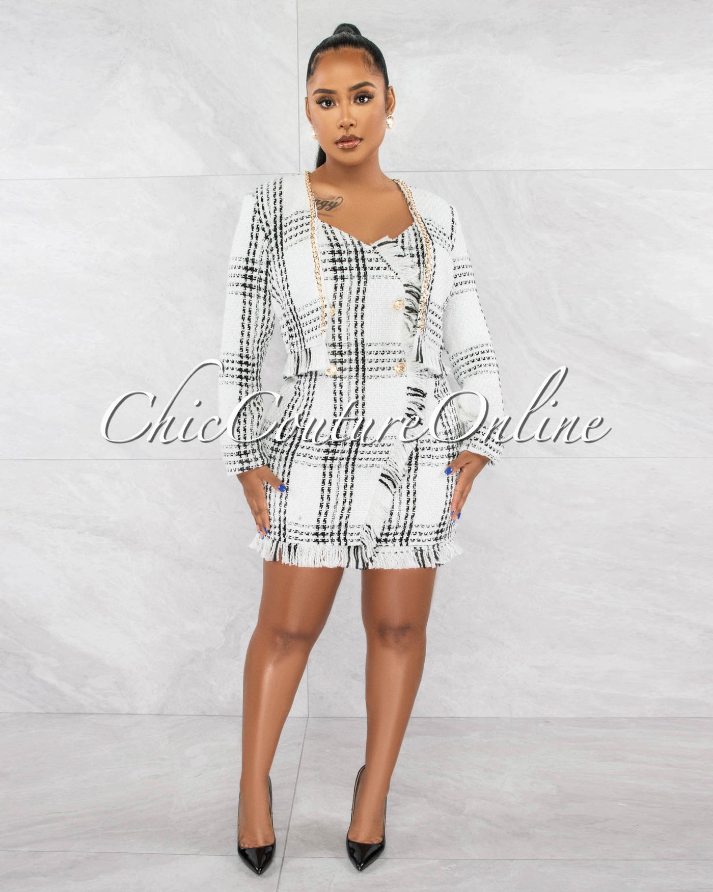 *Hixon Off-White Black Gold Buttons Dress w Jacket Set