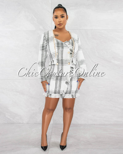 *Hixon Off-White Black Gold Buttons Dress w Jacket Set