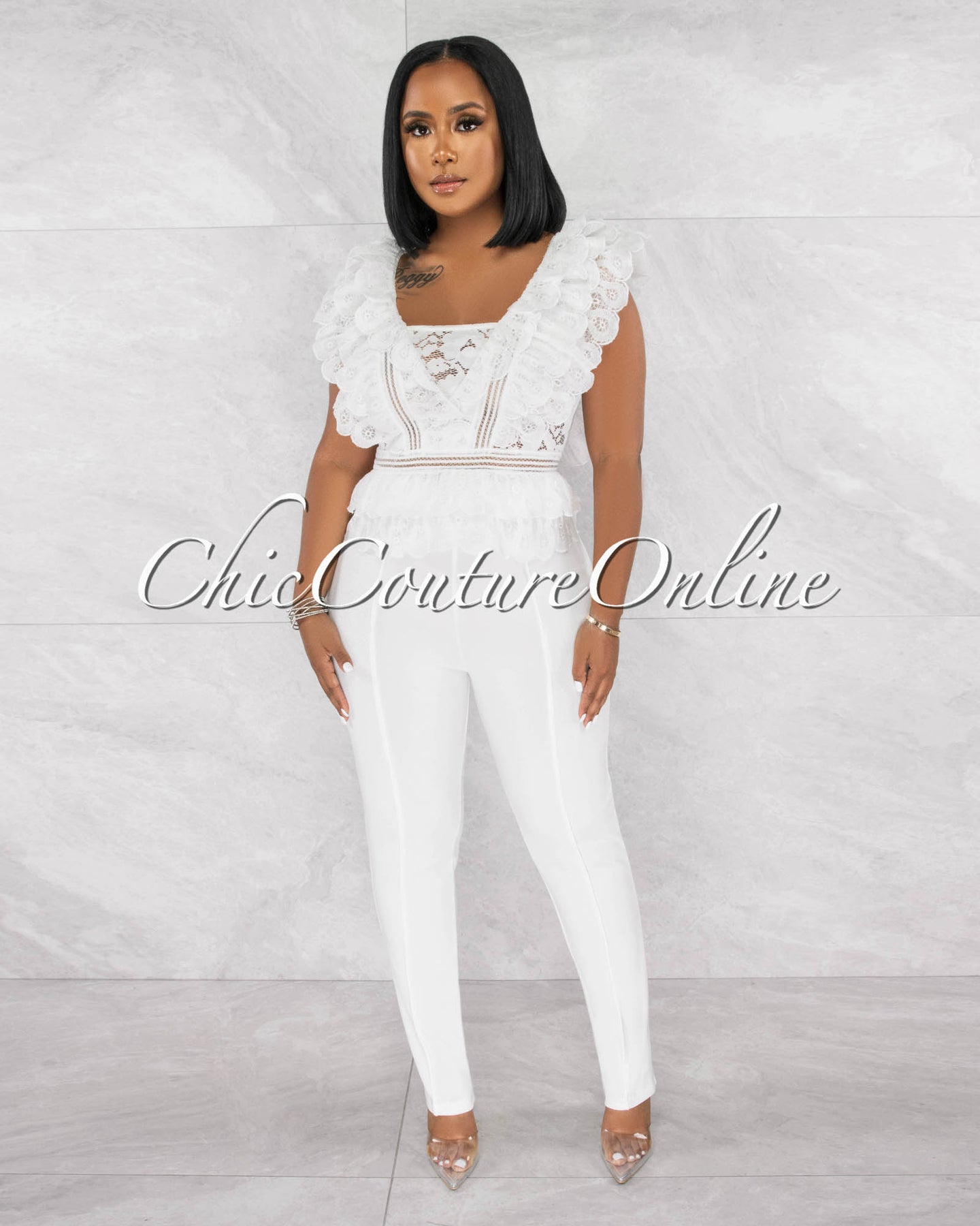 *Tarella Off-White Crochet See-Through Ruffle Crop Top