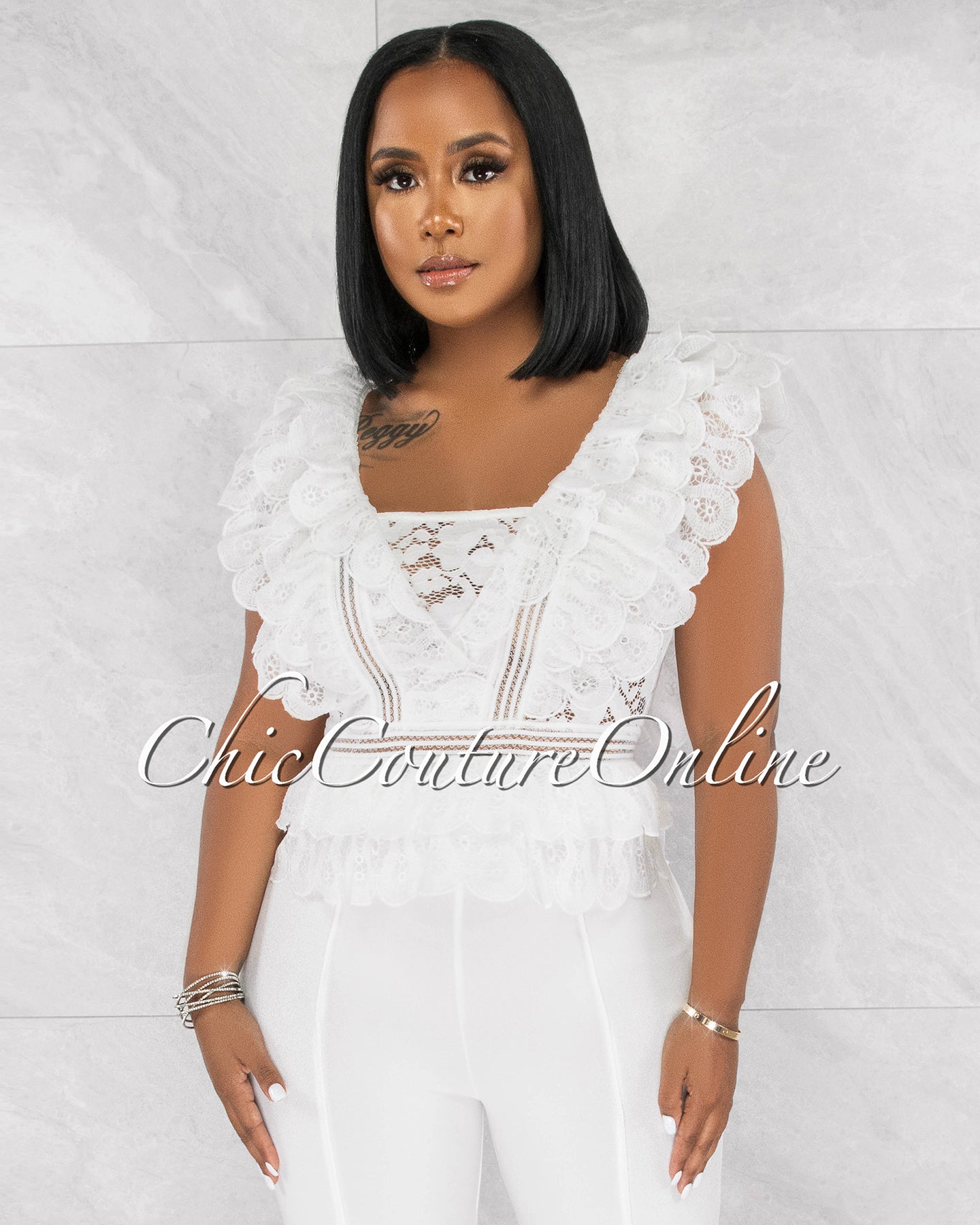 *Tarella Off-White Crochet See-Through Ruffle Crop Top