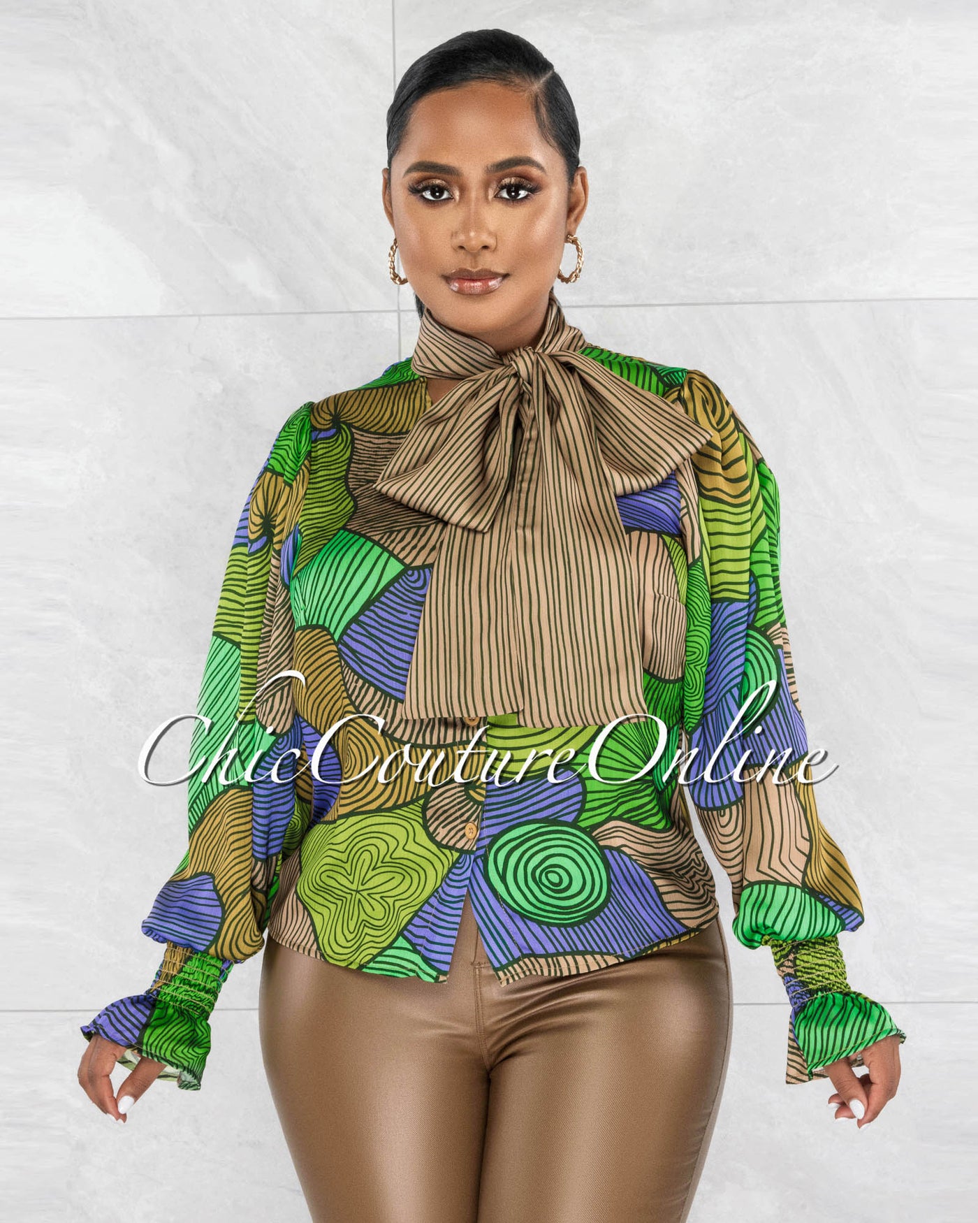 Lorna Green Multi-Color Print Neck Tie Luxe Blouse