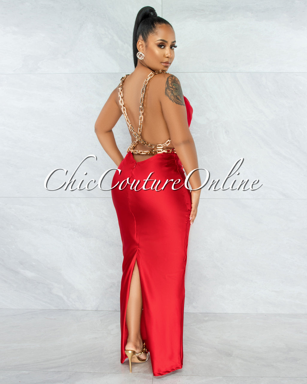 Crane Red Gold Link Straps Satin Back Slit Maxi Dress