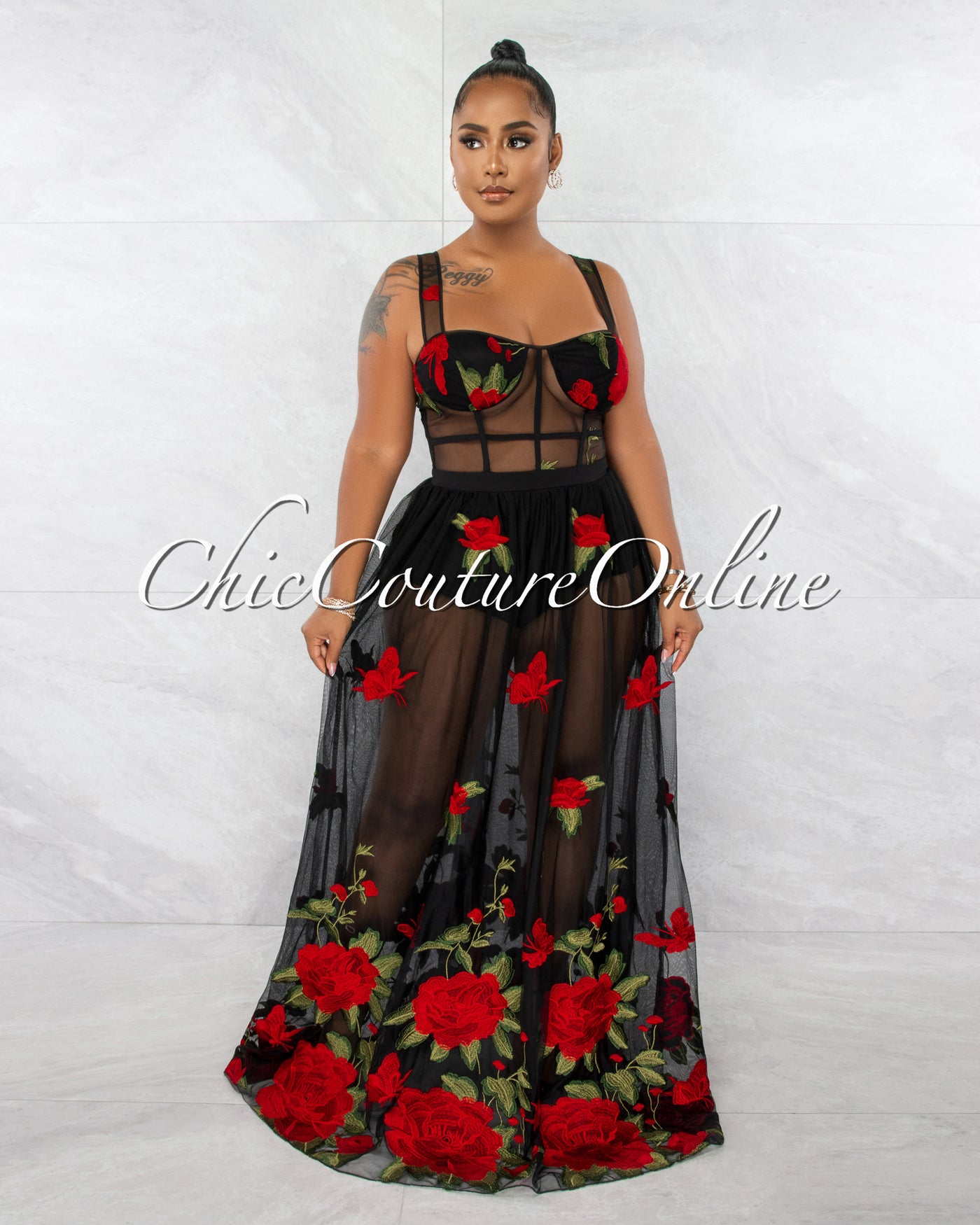 Peronie Black Red Roses Embroidery Mesh Maxi Dress