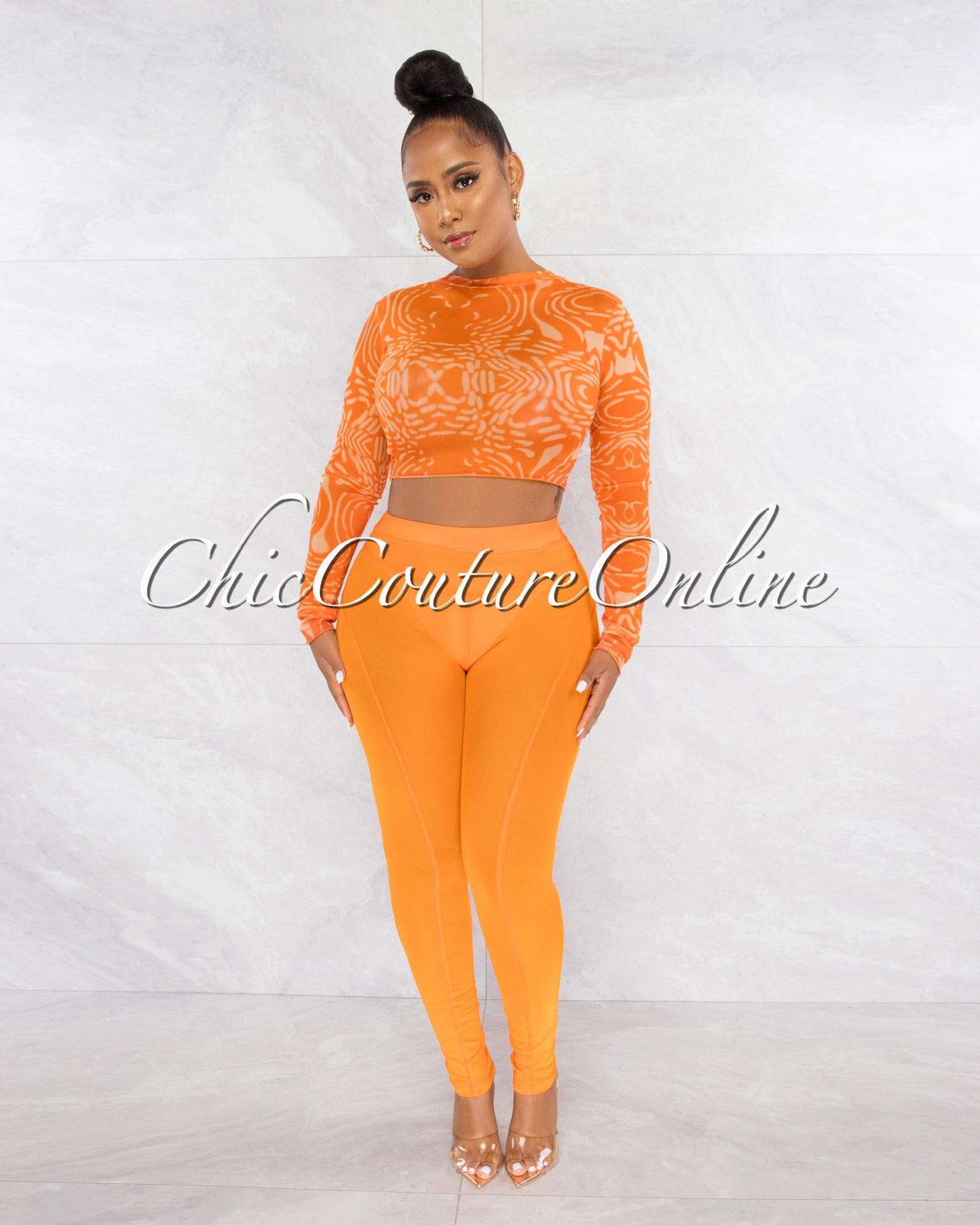 *Mushira Orange Tie-Dye Sheer Crop Top & Mesh Leggings Set