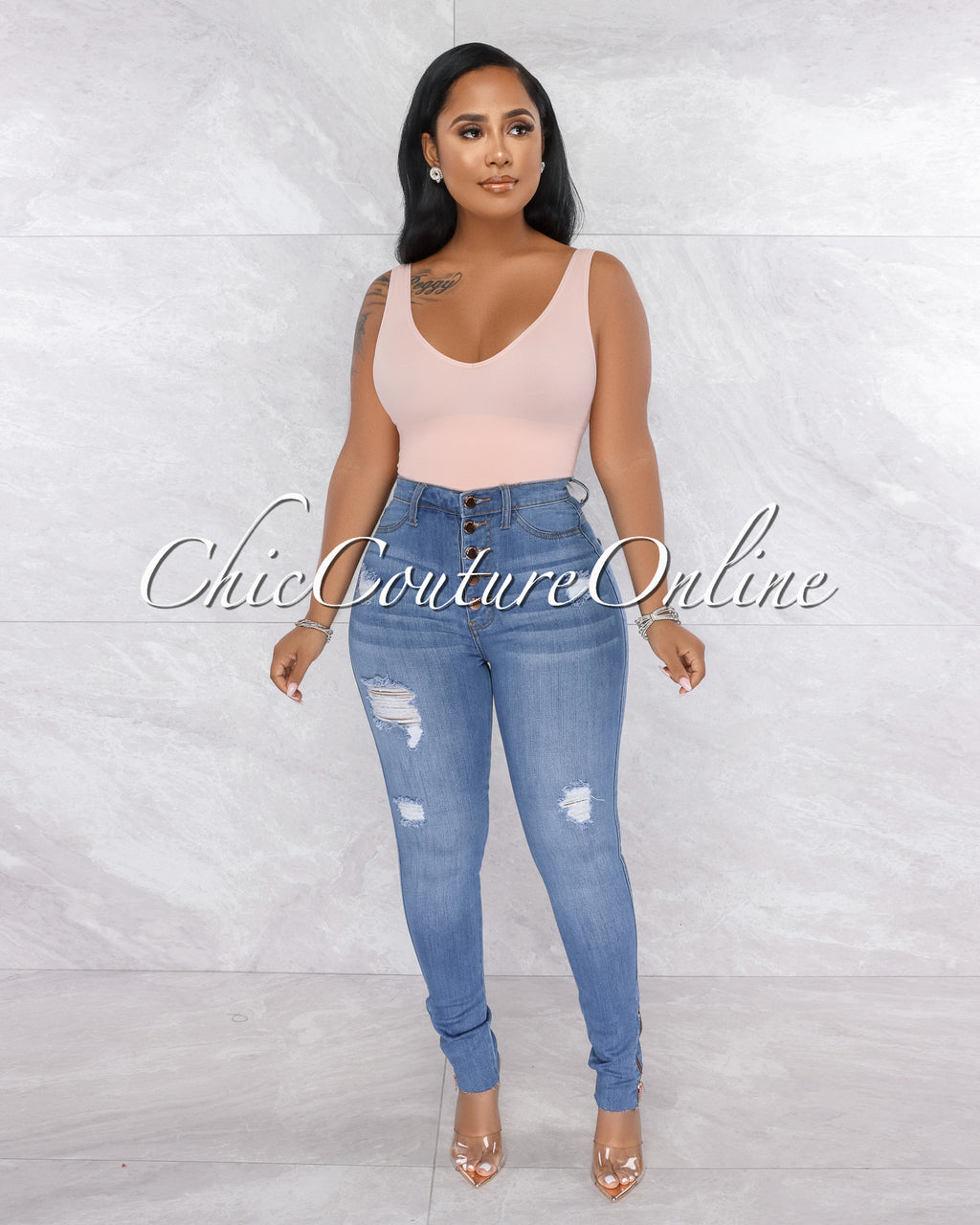 *Harriet Medium Blue High Waist Rose Gold Buttons Jeans