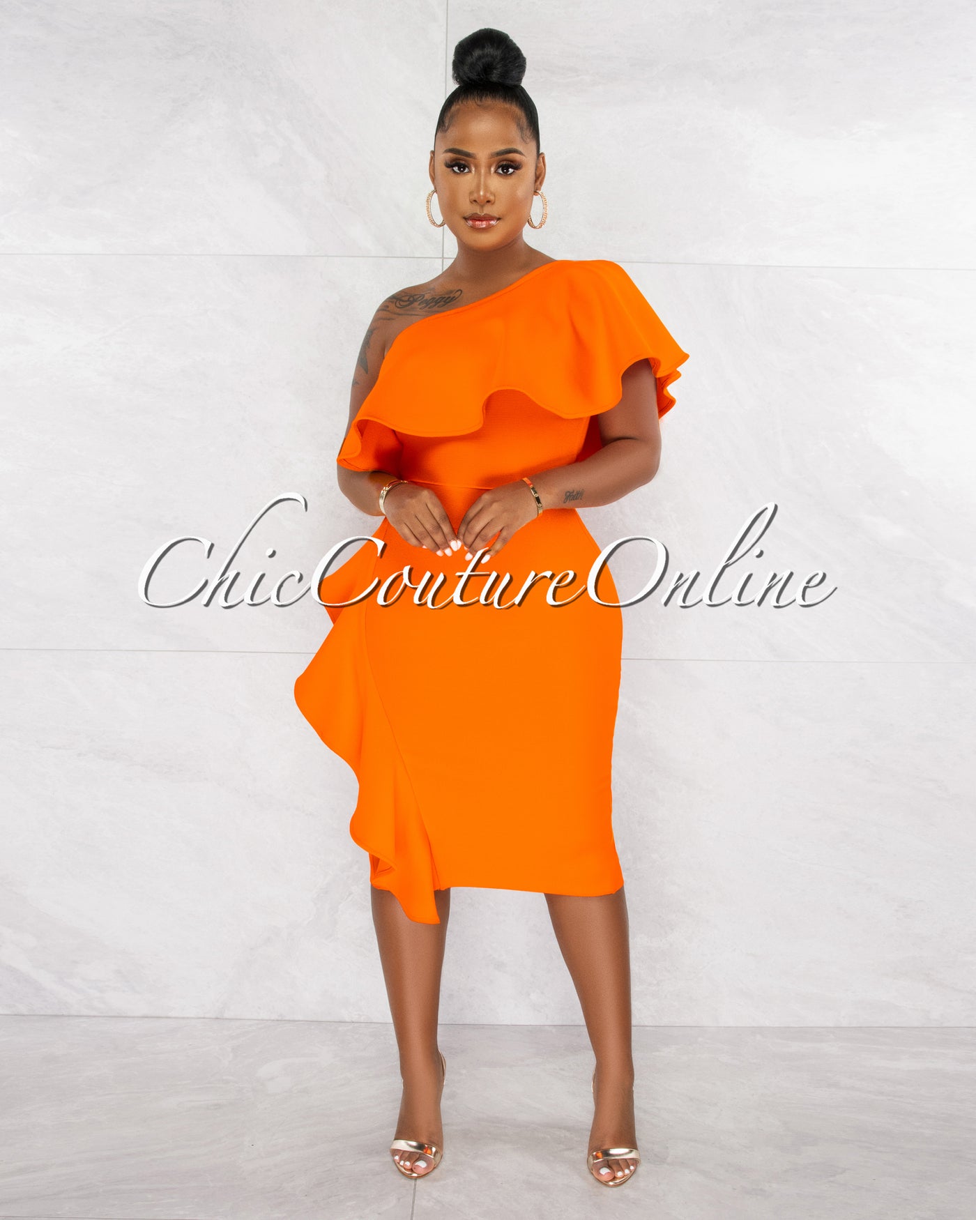 Annette Orange Single Shoulder Ruffle Bandage Midi Dress