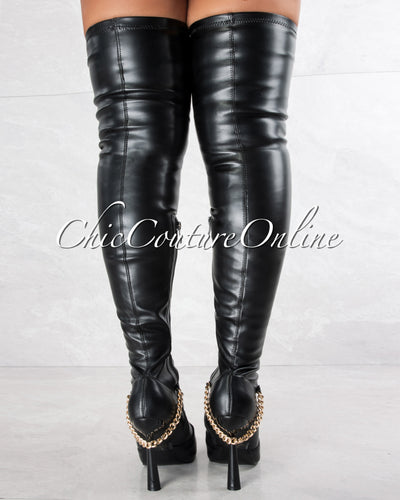 Vikki Black Faux Leather Gold Link High Boots