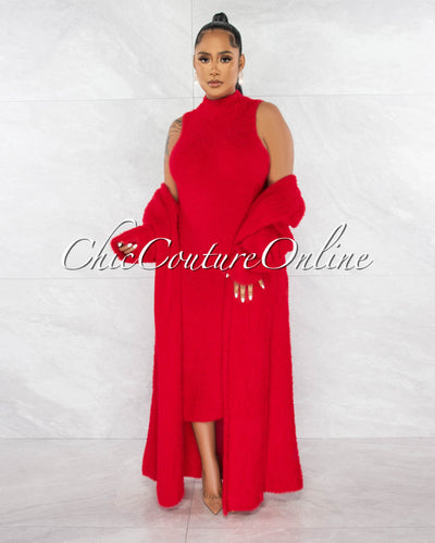Sarah Red Faux Fur Maxi Dress & Duster Set