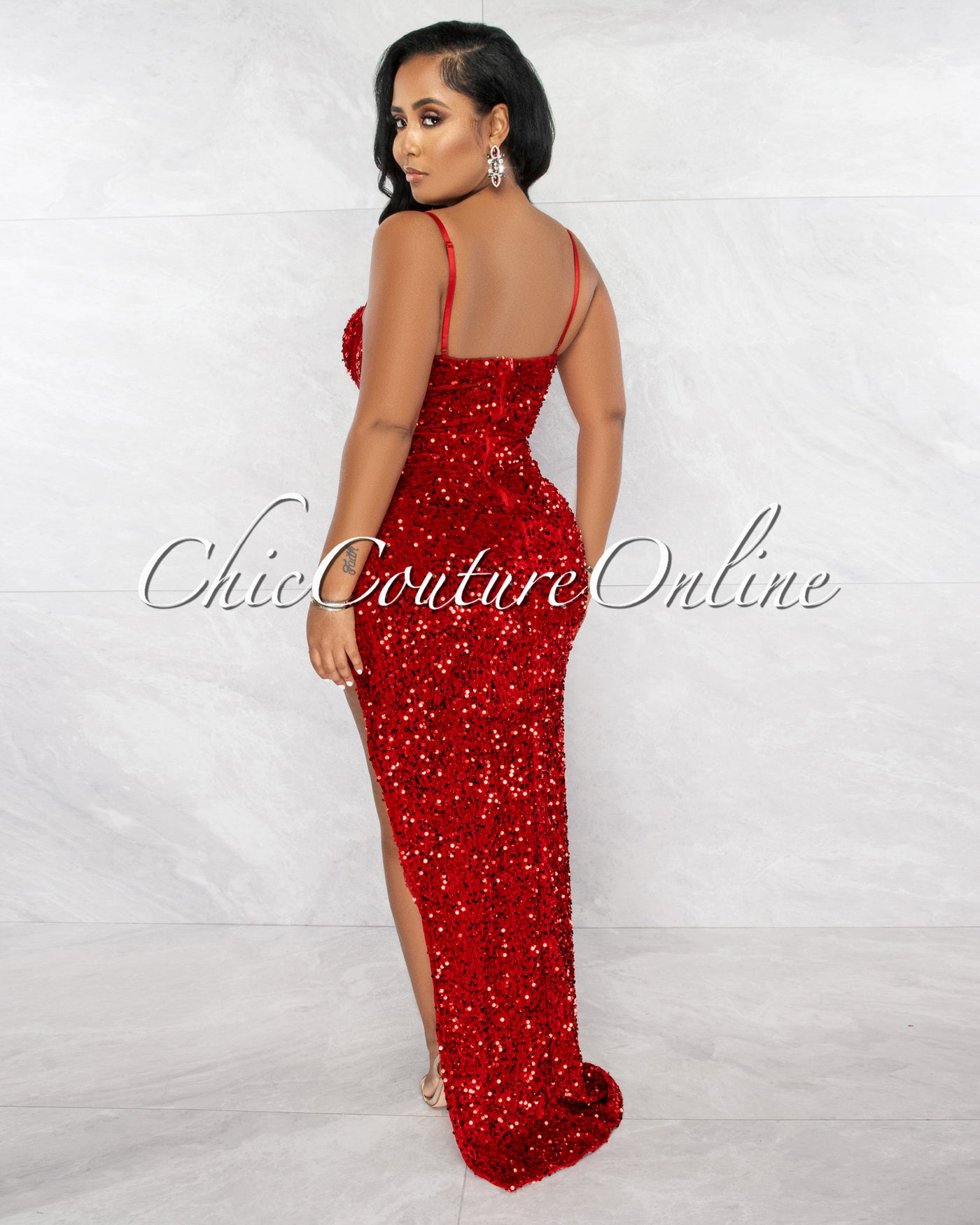 Melisia Red Mesh Sequins Velvet Maxi Bodysuit Dress