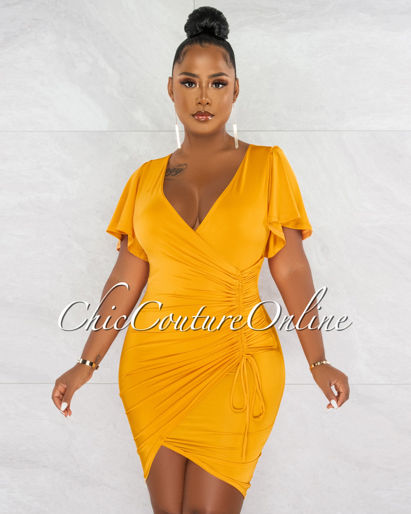 Dalie Mango Wrap Ruched Side Midi Dress