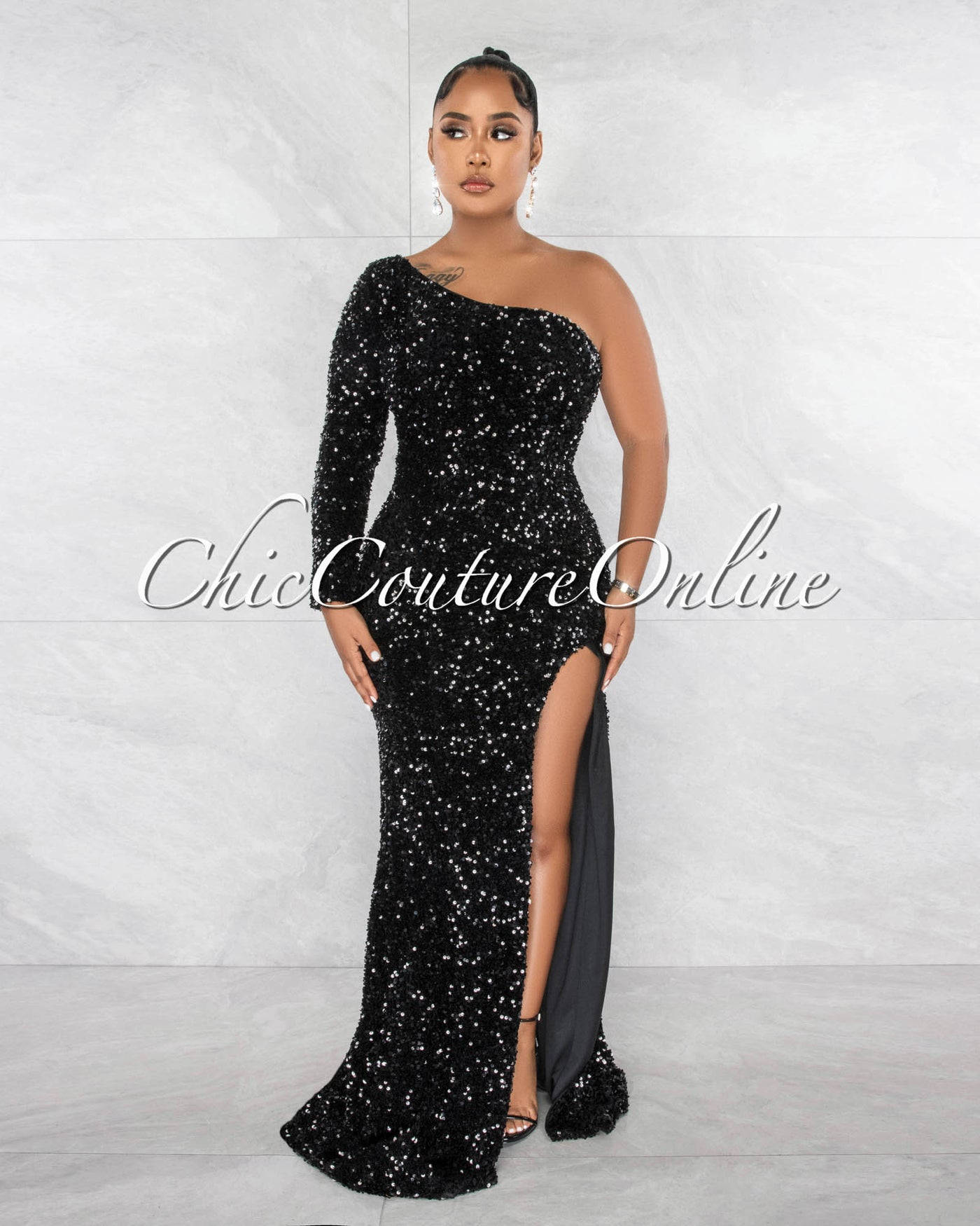 *Draya Black Sequins Single Long Sleeve Side Slit Gown