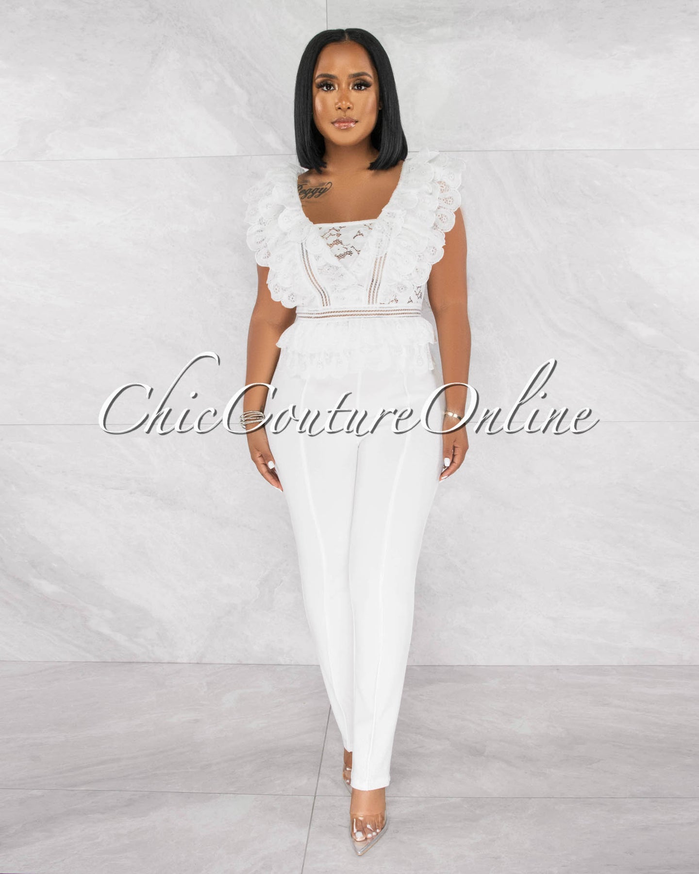 *Tarella Off-White Crochet See-Through Ruffle Crop Top