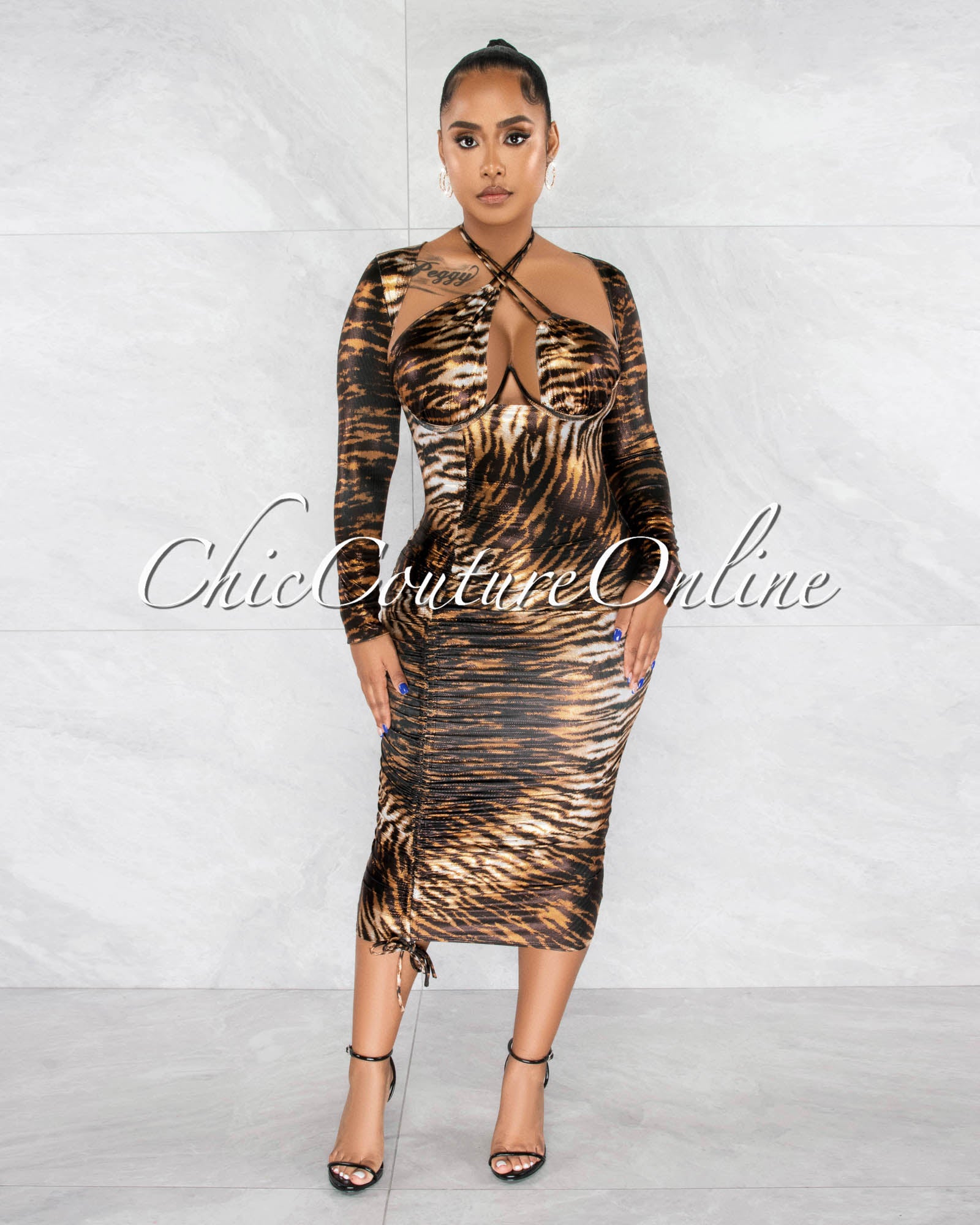 *Camaria Brown Tiger Print Shimmer Ruched Midi Dress