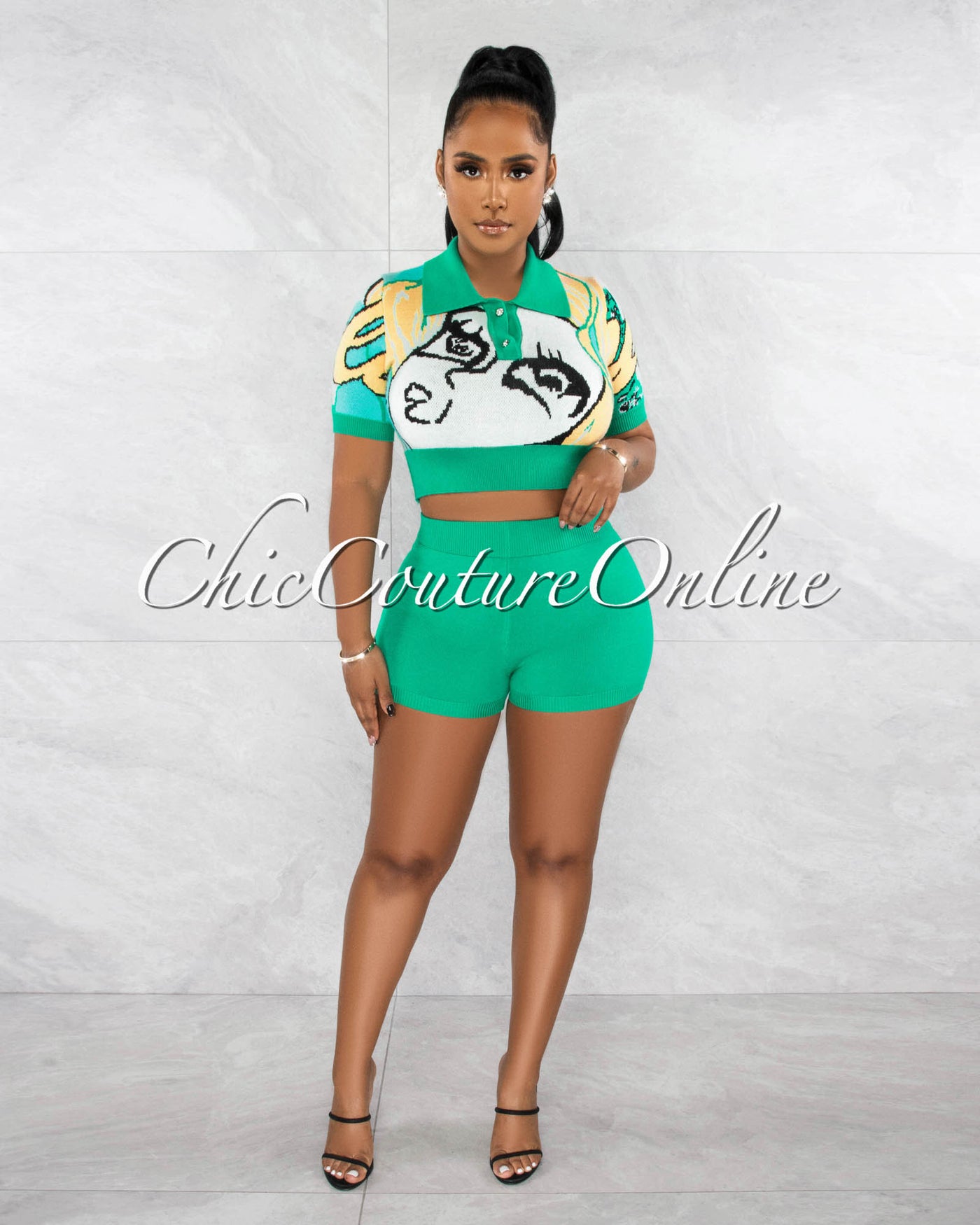 *Keyah Green Multi-Color Print Crop Top & Shorts Knit Set