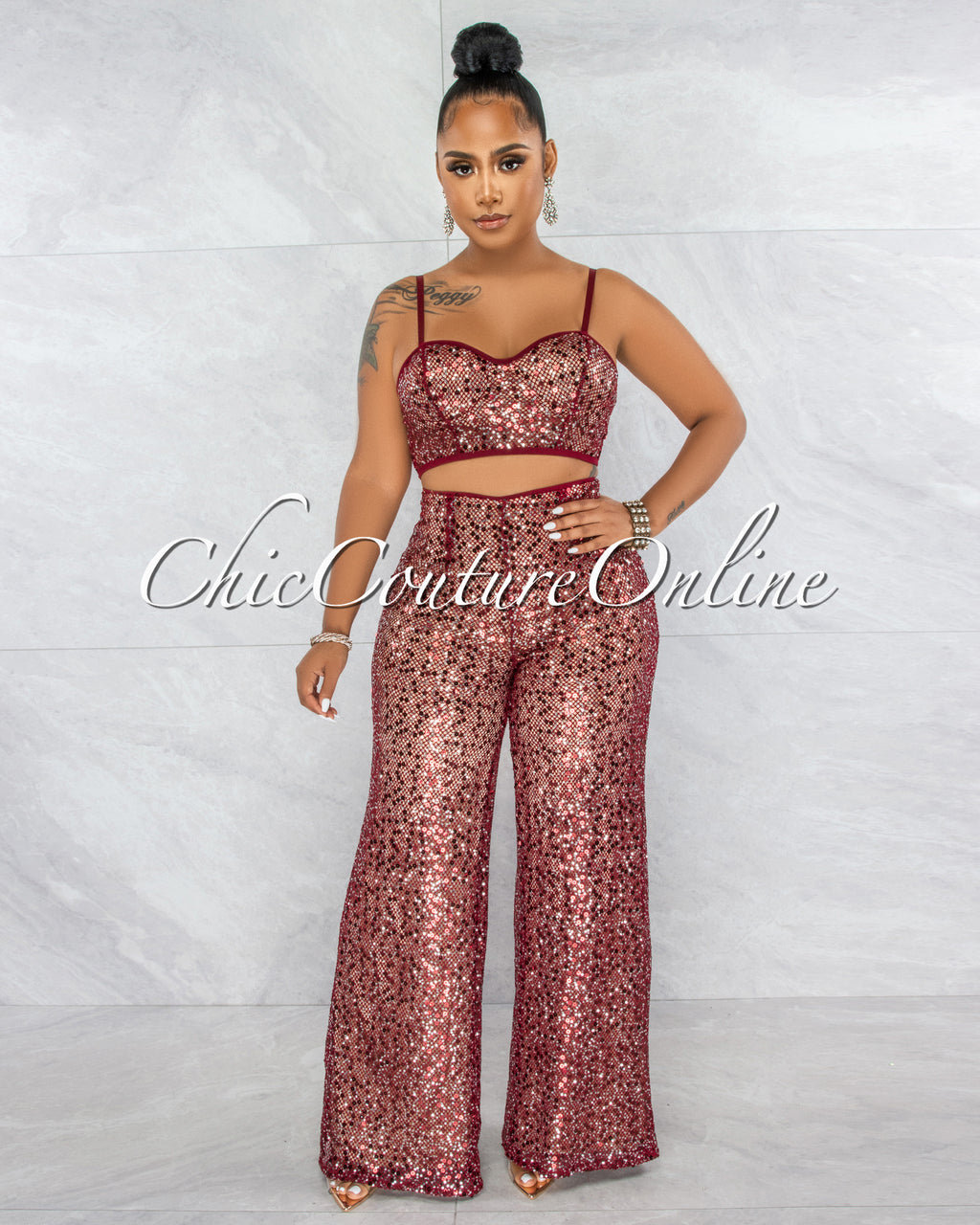 Tanith Burgundy Sequins Nude Illusion Fishnet Top & Set