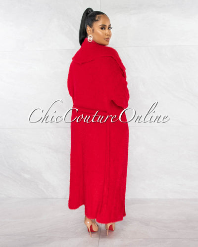 Sarah Red Faux Fur Maxi Dress & Duster Set