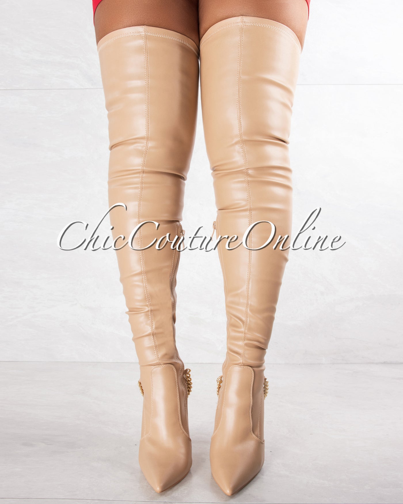 Vikki Nude Faux Leather Gold Link High Boots