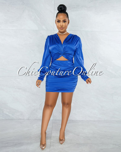 Salvadora Royal Blue Satin Cut-Out Ruched Dress