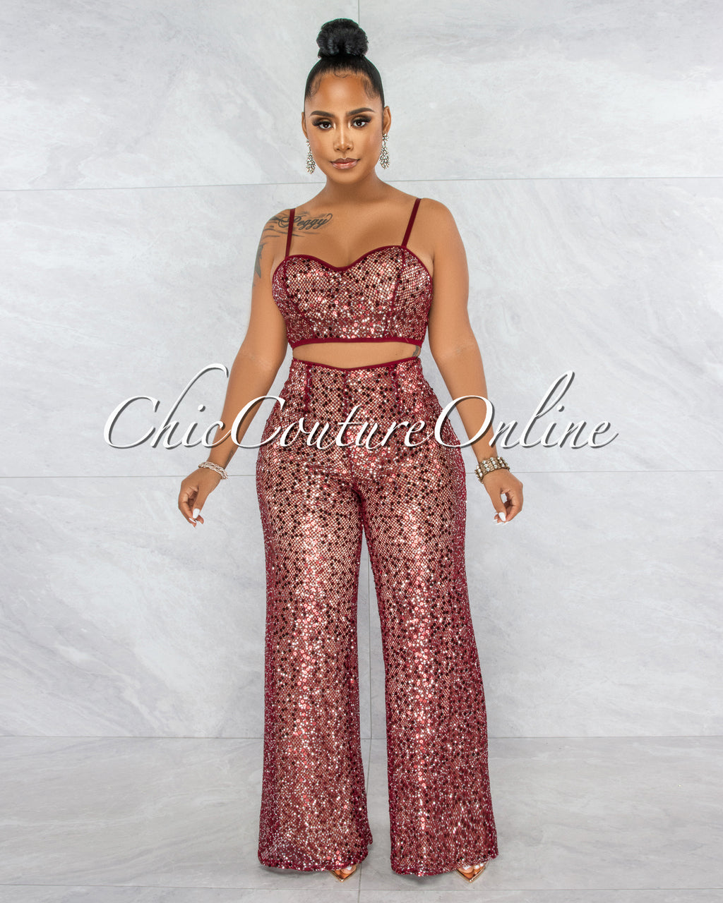 *Tanith Burgundy Sequins Nude Illusion Fishnet Top & Set