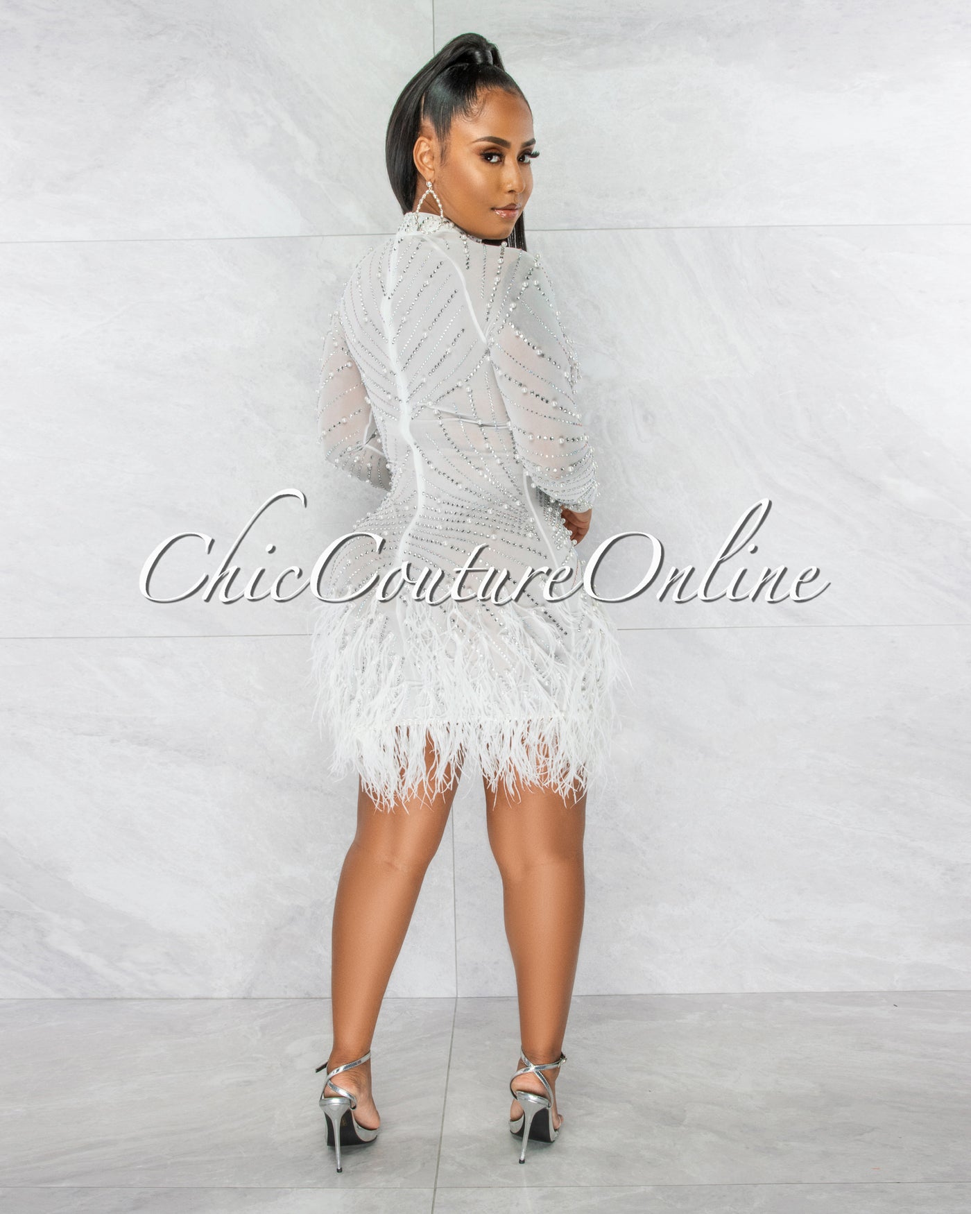 Rhesa White Rhinestones Pearls & Feathers Mesh Mini Dress