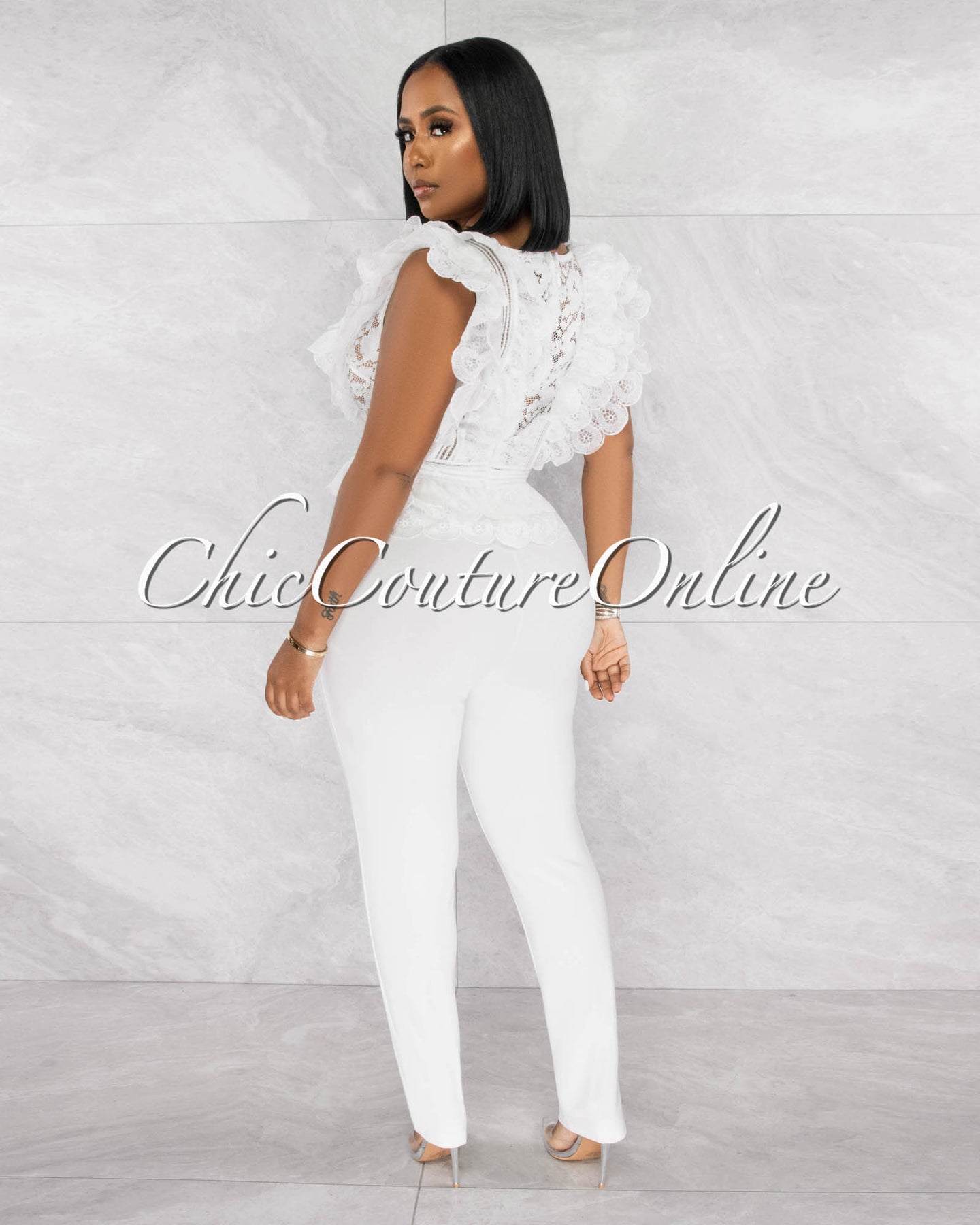 *Tarella Off-White Crochet See-Through Ruffle Crop Top