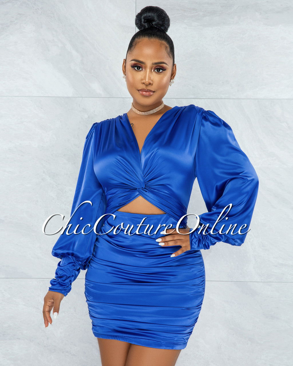 *Salvadora Royal Blue Satin Cut-Out Ruched Dress