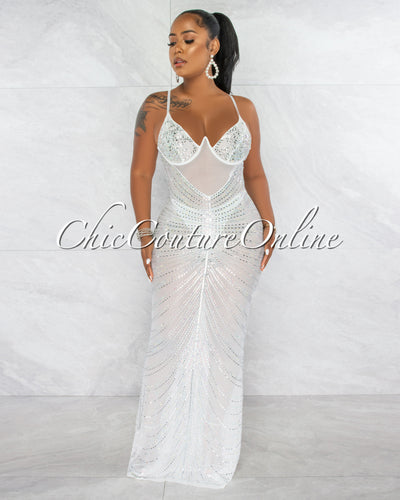 *Narmada White Mesh Sheer Rhinestones Maxi Dress