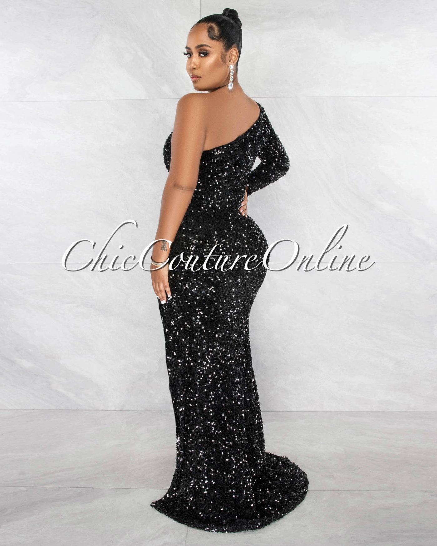 *Draya Black Sequins Single Long Sleeve Side Slit Gown