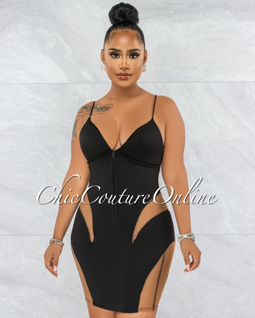 Corona Black Nude Mesh Sheer Sides Mini Dress