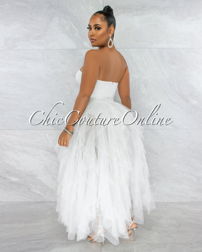 *Odalys Off-White Strapless Tulle Ruffle Bodysuit Dress