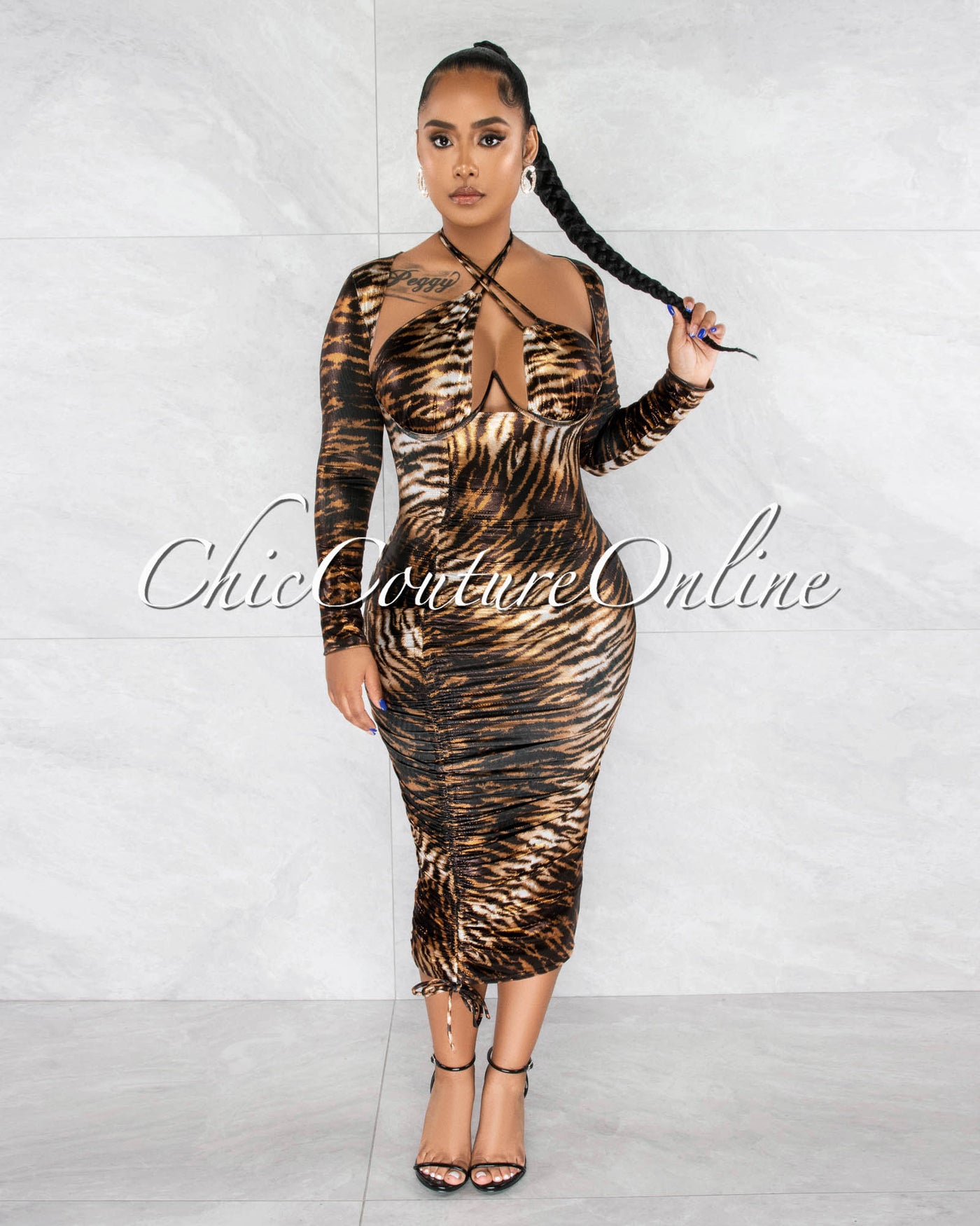 *Camaria Brown Tiger Print Shimmer Ruched Midi Dress