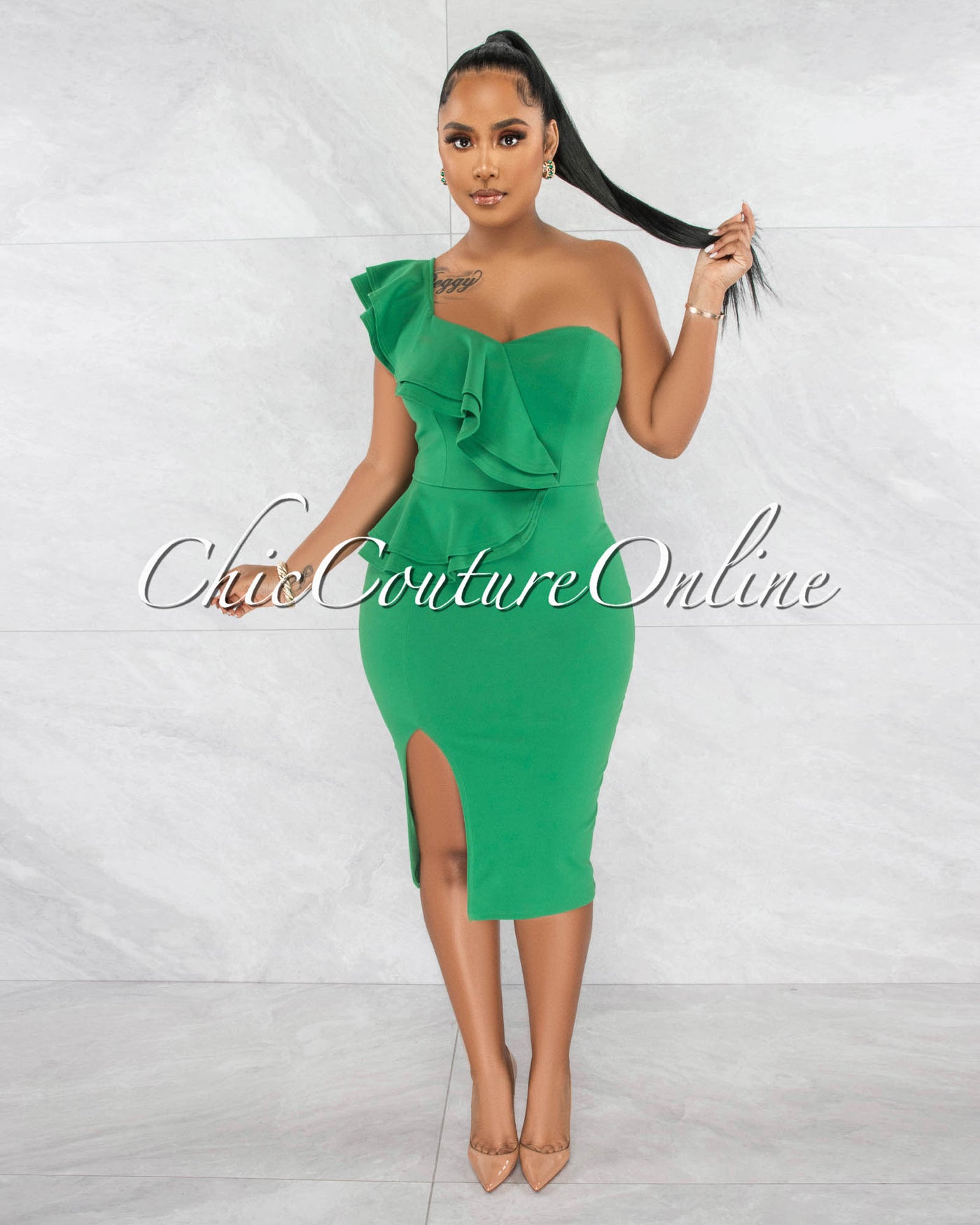 Corin Green Single Shoulder Ruffle Midi Dress