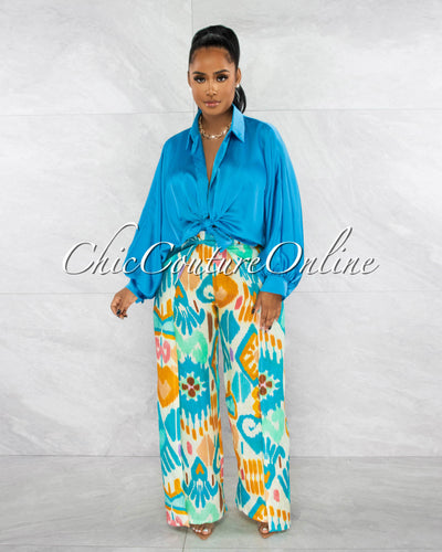 *Jennia Turquoise Multi-Color Print Linen Pants