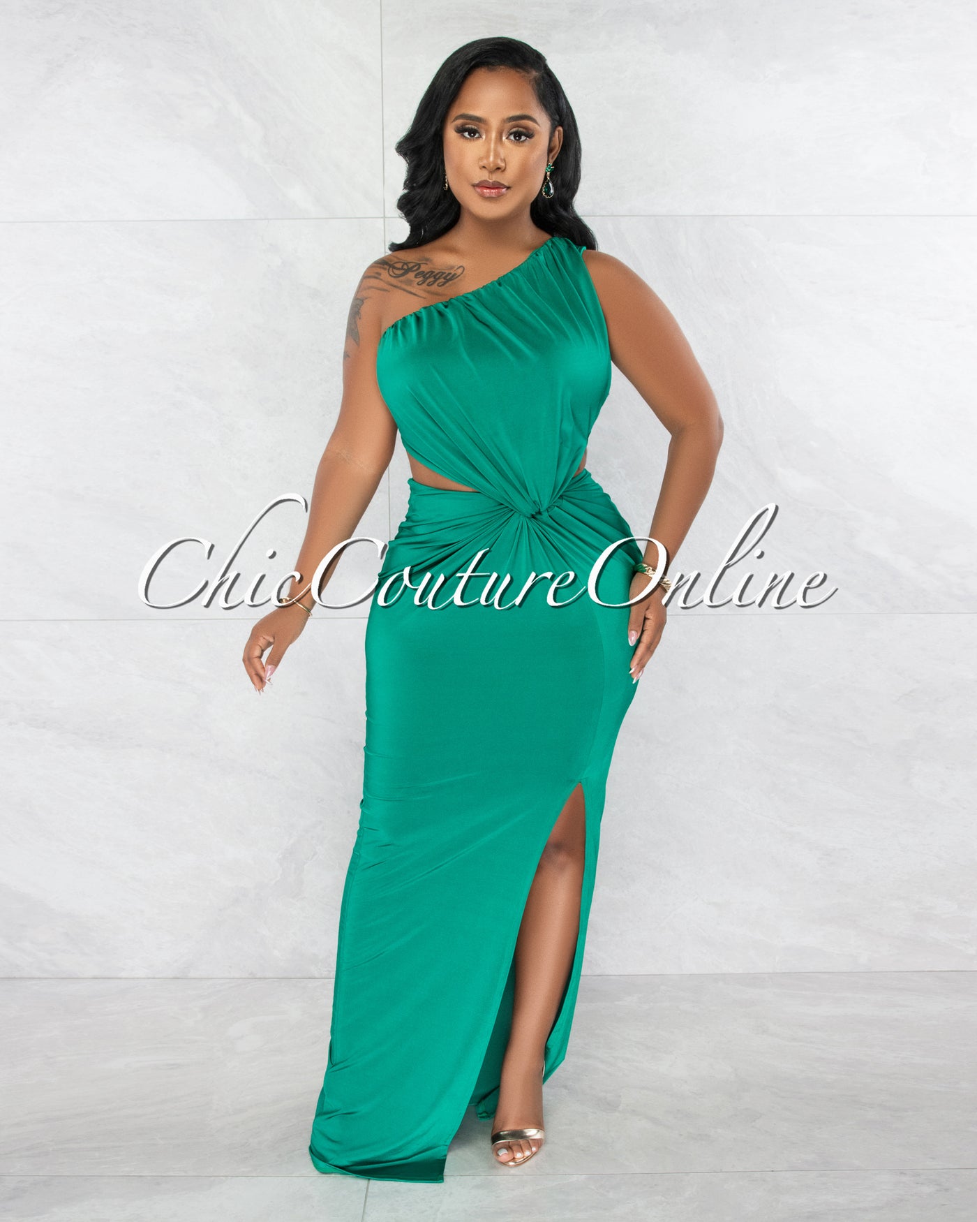 Odessa Green Single Shoulder Cut-Out Draped Maxi Dress