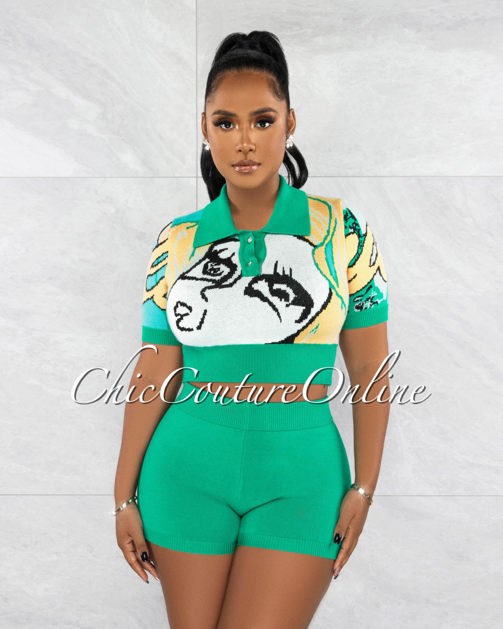 *Keyah Green Multi-Color Print Crop Top & Shorts Knit Set