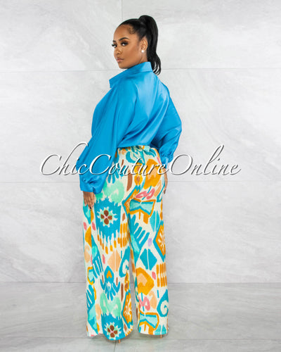 *Jennia Turquoise Multi-Color Print Linen Pants